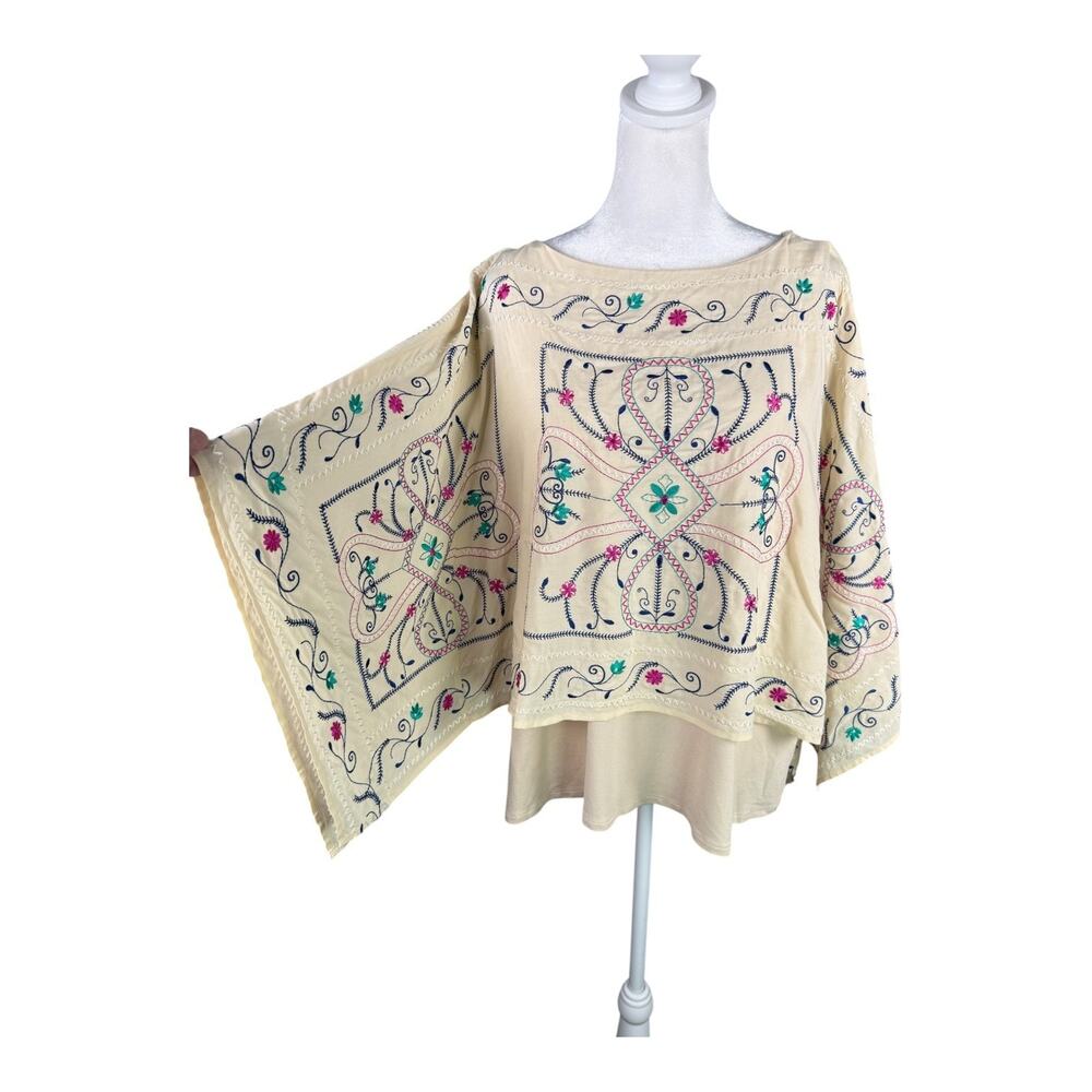 Chico's 2 L Layered Floral Embroidered Top Kimono Sleeve Beige Boho Lined Blouse